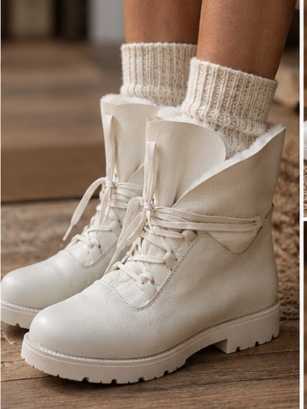 La Canadienne Genuine Leather + Shearling Ice White Lace Winter Ankle Boots